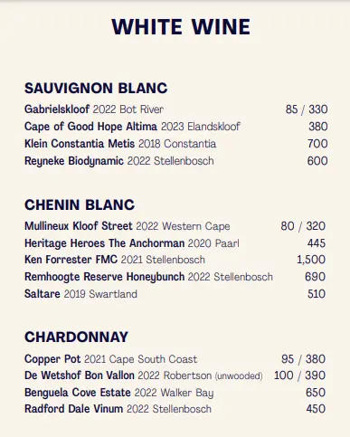 Wine Mamasamba Menu