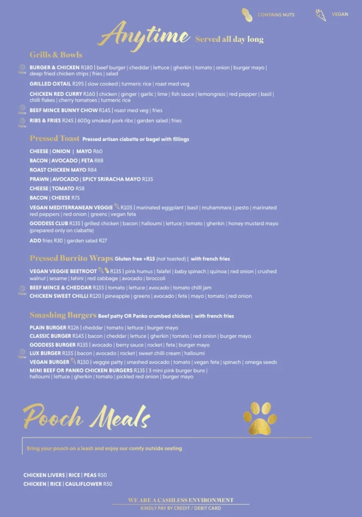 Goddess Cafe Menu