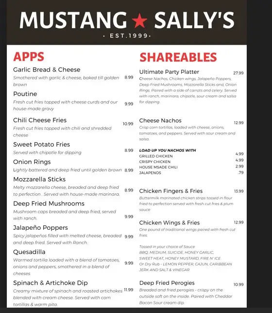 Mustang Sally’s Menu With Updated Prices